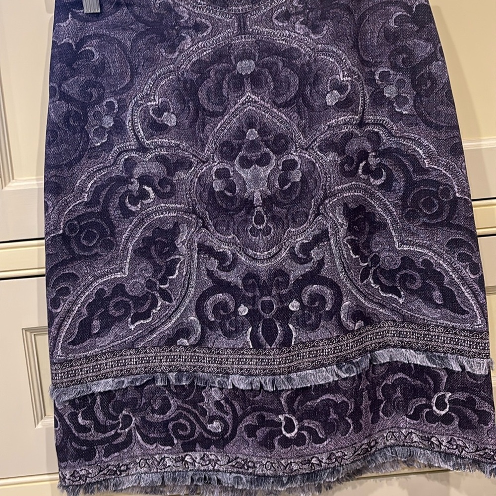 Kobi Halperin Indigo Brocade Print Fringed Skirt US4‎